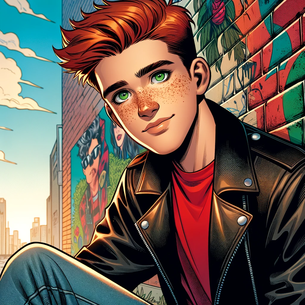 DALL·E 2023-11-10 14.16.15 - Illustrate in Marvel comics style a teenage male character with distinct ginger hair and green eyes, adorned with freckles across his nose and cheeks
