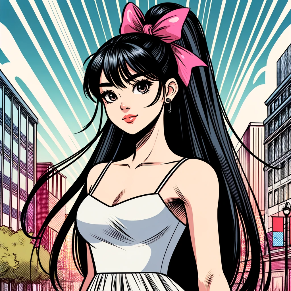 DALL·E 2023-11-10 14.24.48 - Design a comic book style illustration of a young Chinese teenage girl with a high ponytail secured by a pink bow. Her long black hair and playful exp