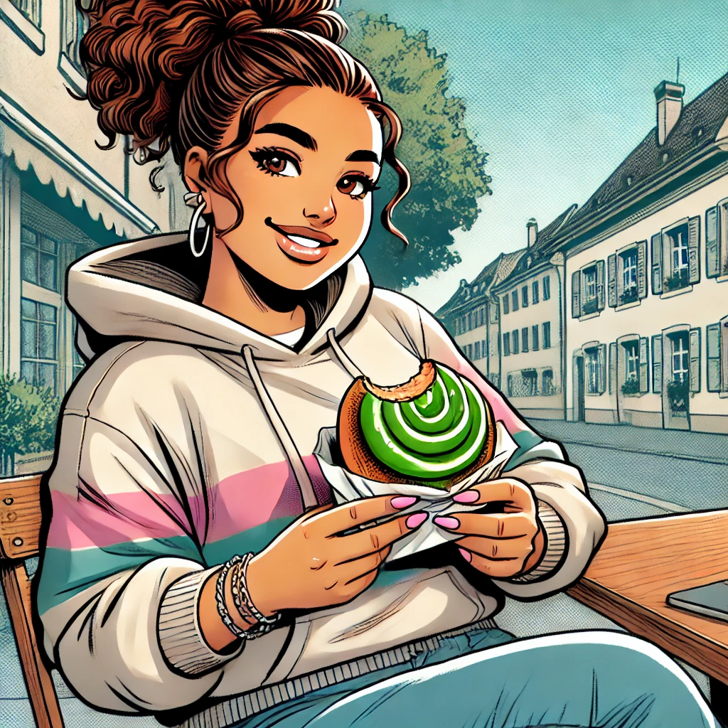 DALL·E 2024-10-15 10.29.45 - A comic book style illustration of a 15-year-old mixed-race teenage girl, slightly chubby, enjoying a Swiss pastry called a 'carac'. The girl has medi