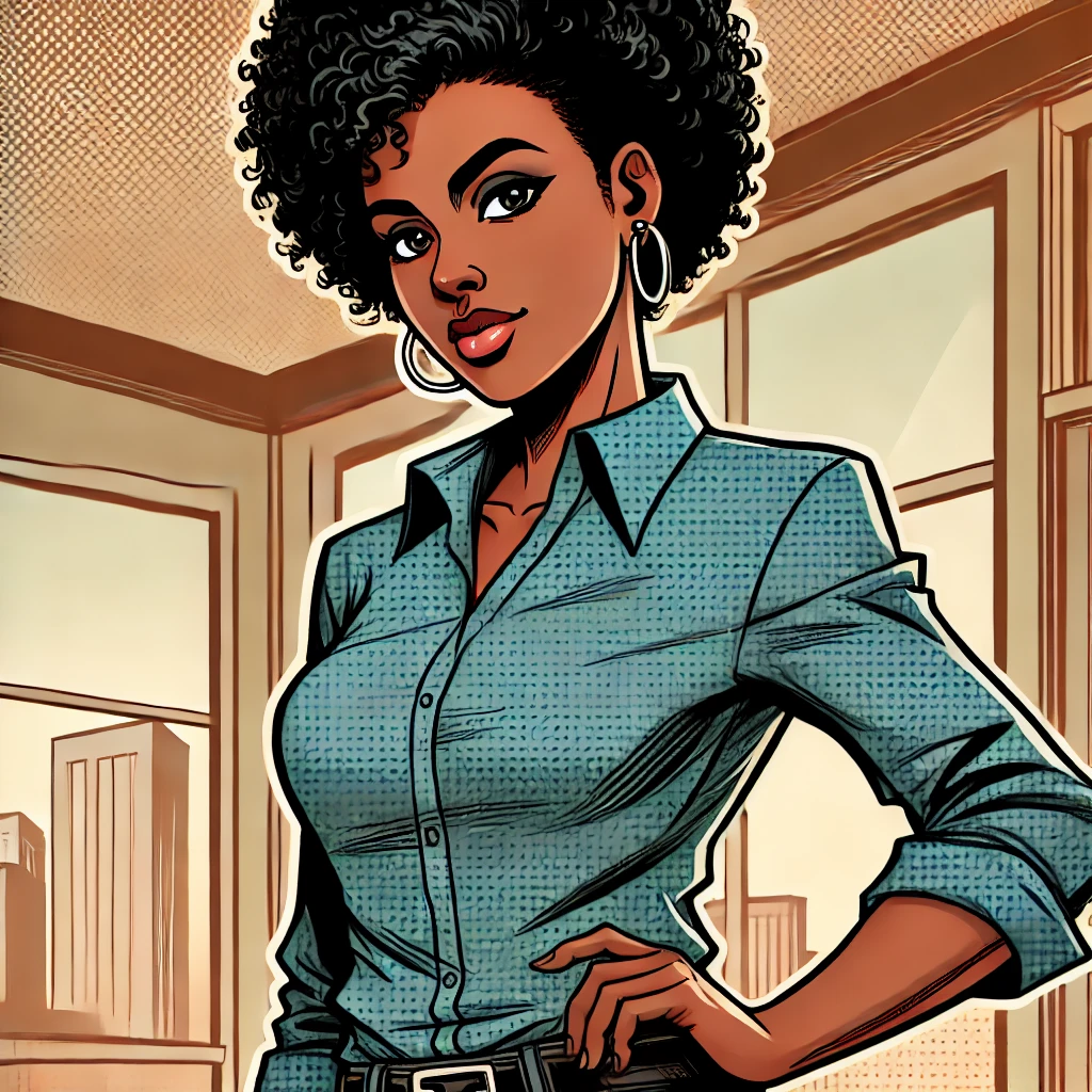 DALL·E 2024-10-15 10.55.06 - A comic book style illustration of a 40-year-old African woman. She has dark brown skin, short natural hair, and is wearing modern Western clothing, s