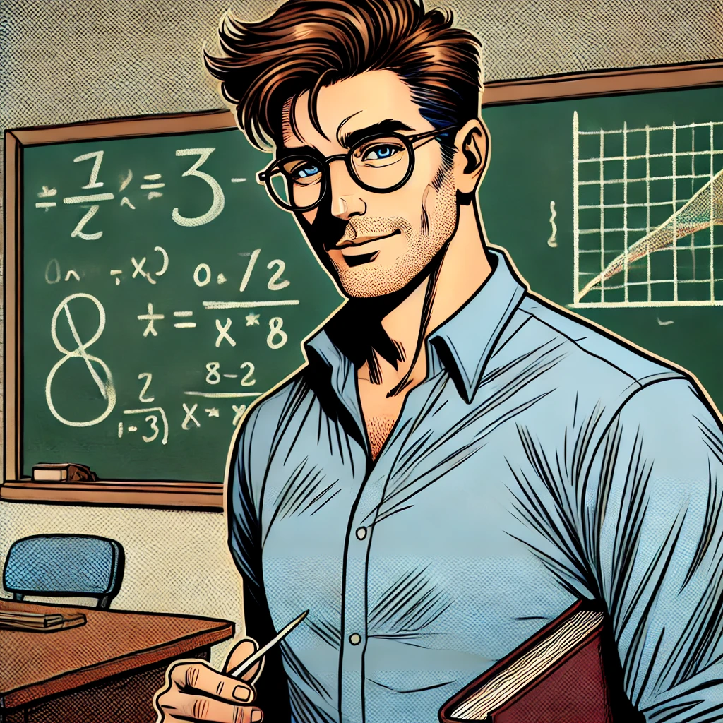 DALL·E 2024-10-15 14.13.50 - A comic book style illustration of a 40-year-old French man, who is a mathematics teacher. He has light skin, short brown hair, and blue eyes. He is w