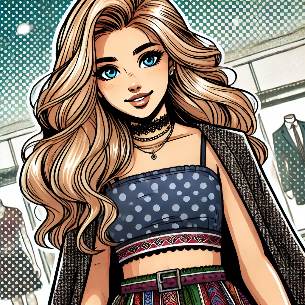 DALL·E 2024-10-15 14.15.57 - A comic book style illustration of a 15-year-old teenage girl who loves fashion. She has light skin and blonde wavy hair, and is wearing a trendy, sty